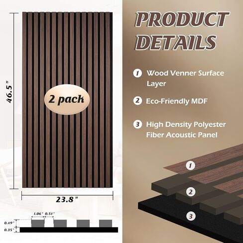 Wood Slat Wall Panels, 2 Pack Acoustic Panels 46.46" × 23.82", 3D Fluted Sound Absorbing Wall Panel for Home & Office Decor, Noise Reducing Interior Wall Treatment (Ebony) in Kuwait