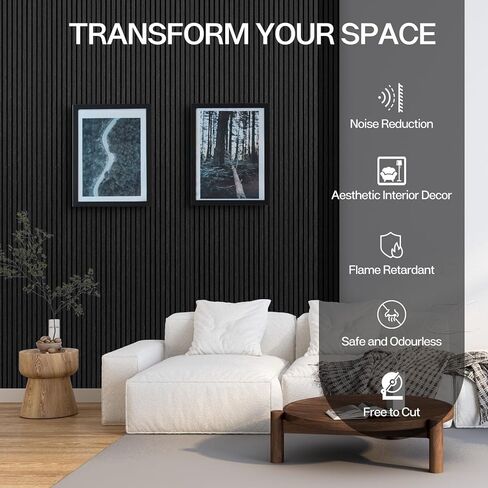 Wood Slat Wall Panels, 2 Pack Acoustic Panels 46.46" × 23.82", 3D Fluted Sound Absorbing Wall Panel for Home & Office Decor, Noise Reducing Interior Wall Treatment (Ebony) in Kuwait