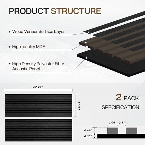 Wood Slat Wall Panels, 2 Pack Acoustic Panels 46.46" × 23.82", 3D Fluted Sound Absorbing Wall Panel for Home & Office Decor, Noise Reducing Interior Wall Treatment (Ebony) in Kuwait