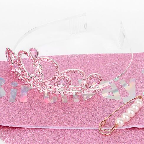CIEHER 7th Birthday Decorations for Girls - 7th Birthday Crown and Sash with Pearl Pin Set - Pink in Kuwait