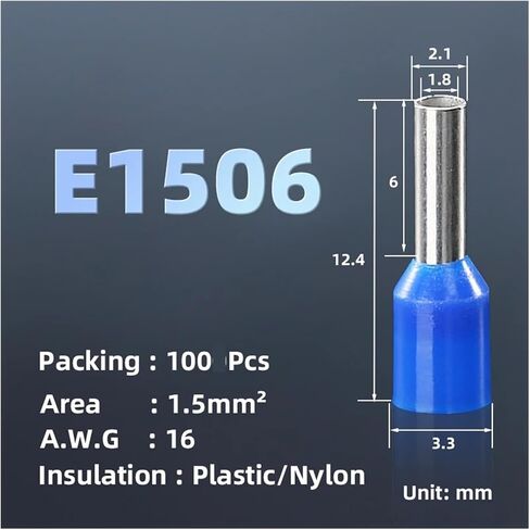 100 pcs سلك معزول نهاية كتلة الجليد تجعيد الموصل موصل حزام حزام الحذاء Ferrule E0506 E0508 ​​E0510 E0512 E1008 1010 (E1508 1.5mm2 ، بلاستيك صفراء) in Saudi Arabia