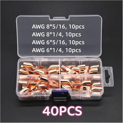 40pcs 6 * 8awg حلقة النحاس بطارية تجعيد الطرف 5/16 "1/4" كبل العروة الكابل مغلق موصل الأسلاك العارية in Saudi Arabia