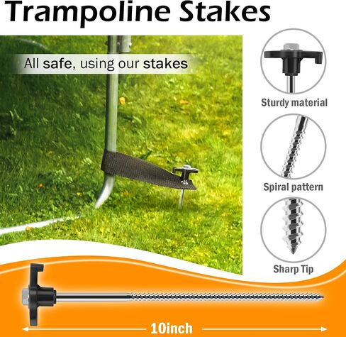 Trampoline Stakes Havey Duty: 10 Inch 8 Pack Trampoline Anchor Kit with Straps, Screw In Ground Anchors High Wind Tent Metal Stakes for Swing Set, Camping Tent, Canopies, Carports, Sheds in Saudi Arabia