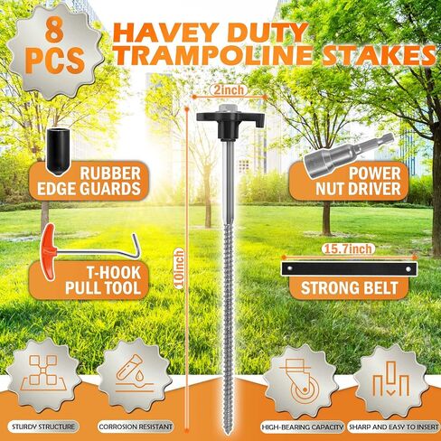 Trampoline Stakes Havey Duty: 10 Inch 8 Pack Trampoline Anchor Kit with Straps, Screw In Ground Anchors High Wind Tent Metal Stakes for Swing Set, Camping Tent, Canopies, Carports, Sheds in Saudi Arabia