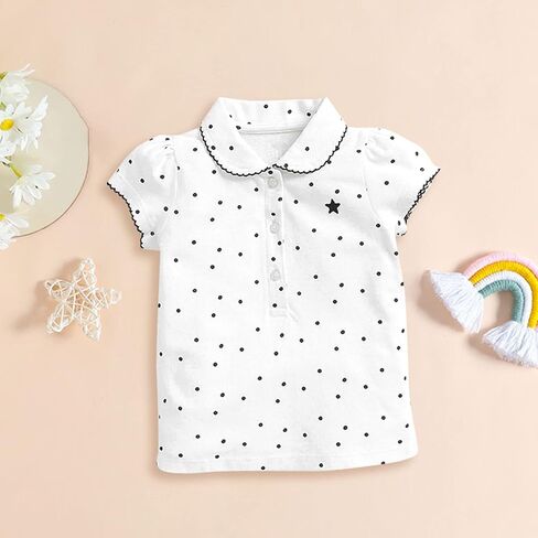 Kids Collar Button Down Uniform Shirt Little Girls Lapel Short Sleeve Ruffle Pique Polo Toddler Soft Athletic Summer Tshirt in Saudi Arabia