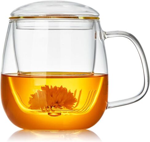 كوب الشاي الزجاجي مع Infuser و Lid ، 17.6 أوقية/520 مل من طبقة الشاي البورسليكات الكبيرة ، وزجاج الشاي ، كوب صافٍ لشاي الأوراق الفضفاضة ، الشاي المزهر ، الميكروويف وغسالة الصحون آمنة - هدية صانع الشاي لعيد الميلاد in Kuwait