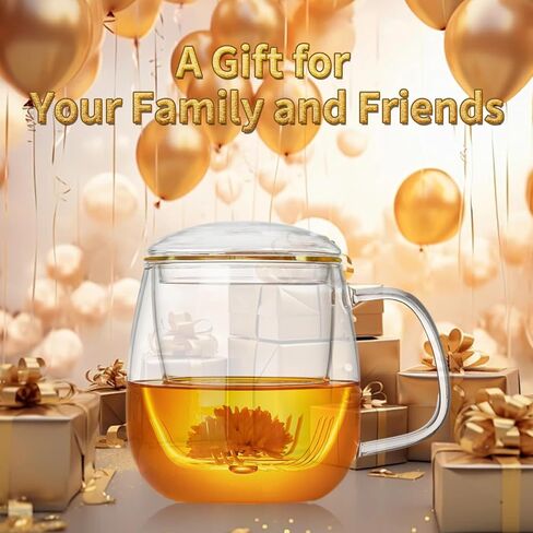 كوب الشاي الزجاجي مع Infuser و Lid ، 17.6 أوقية/520 مل من طبقة الشاي البورسليكات الكبيرة ، وزجاج الشاي ، كوب صافٍ لشاي الأوراق الفضفاضة ، الشاي المزهر ، الميكروويف وغسالة الصحون آمنة - هدية صانع الشاي لعيد الميلاد in Kuwait