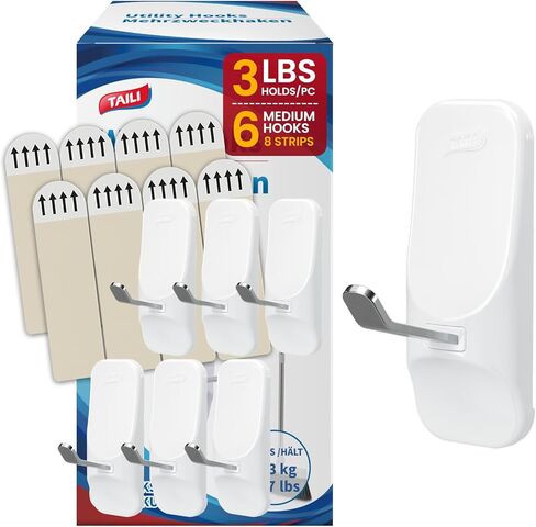 TAILI Adhesive Hooks for Hanging, 6 Utility Hooks and 8 Pcs Adhesive Strips,Holds up to 3 lb,No Tools Damage-Free Stick on Bathroom or Kitchen for Hanging Decorations,Organization,Storage-White in Kuwait