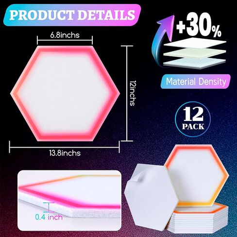 12 حزمة ألواح صوتية Blacklight ، 14 "× 12" × 0.4 "ألواح صوتية تفاعلية للأشعة فوق البنفسجية سداسية للجدار ، تمتص الصوت مع ديكور ذاتي ، ديي دييغ لغرفة ألعاب الكمبيوتر ، غرفة نوم in Kuwait