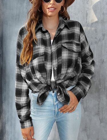 Zontroldy Womens Flannel Plaid Shirts Oversized Lightweight Buffalo Plaid Button Down Shirt Blouse Tops in Kuwait