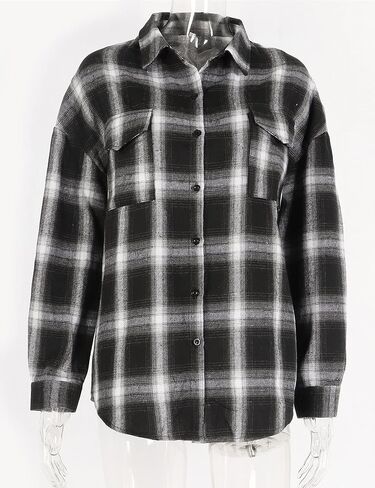 Zontroldy Womens Flannel Plaid Shirts Oversized Lightweight Buffalo Plaid Button Down Shirt Blouse Tops in Kuwait