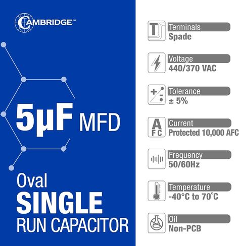 5uF 5 MFD ±5% 370/440VAC Single Run Oval Start AC Capacitor for A/C Motor Run Capacitor Fan Start Condenser Capacitors Indoor Electrical Blower Motors in Saudi Arabia