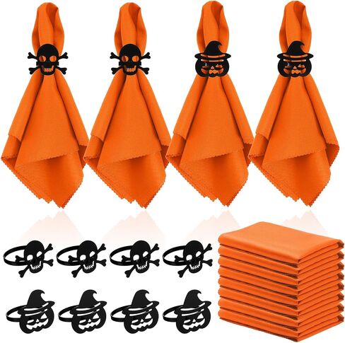 Bokon 8 Pack Summer Halloween Napkin Ring Set Fall Thanksgiving Metal Napkin Rings and Washable Dinner Napkins for Home Dinner Table Setting, Halloween Party Decorations(Ghost,Orange) in Saudi Arabia