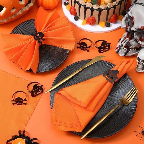 Bokon 8 Pack Summer Halloween Napkin Ring Set Fall Thanksgiving Metal Napkin Rings and Washable Dinner Napkins for Home Dinner Table Setting, Halloween Party Decorations(Ghost,Orange) in Saudi Arabia