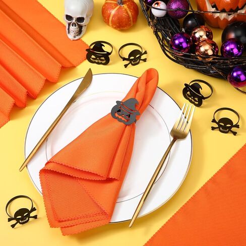 Bokon 8 Pack Summer Halloween Napkin Ring Set Fall Thanksgiving Metal Napkin Rings and Washable Dinner Napkins for Home Dinner Table Setting, Halloween Party Decorations(Ghost,Orange) in Saudi Arabia