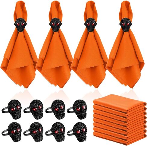 Bokon 8 Pack Summer Halloween Napkin Ring Set Fall Thanksgiving Metal Napkin Rings and Washable Dinner Napkins for Home Dinner Table Setting, Halloween Party Decorations(Ghost,Orange) in Saudi Arabia