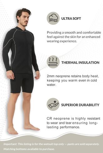 Lemorecn Men Wetsuit Top ، سترة النيوبرين الطويلة ذات الأكمام الطويلة 2 مم للغوص وركوب الأمواج والغطس والرياضات المائية in Kuwait
