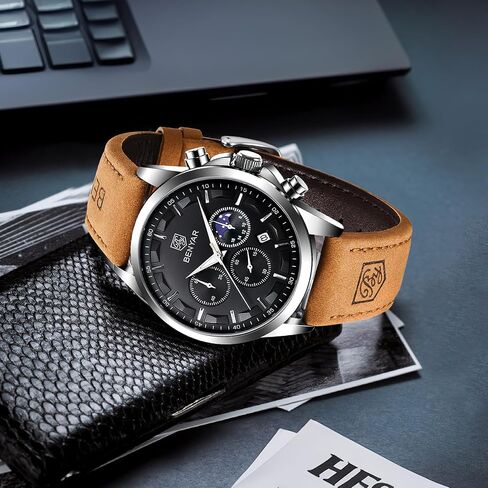 BY BENYAR Watches for Men Chronograph Waterproof Men's Wrist Watches Business Work Casual Sport Fashion Blue Leather Mens Dress Watch Unique Elegant Gifts for Men in Saudi Arabia