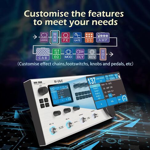 MK-300 Guitar Bass Amp Amp Modeler & Effects Processor مع 320 تأثيرًا ، 160 مسبقًا ، Looper ، آلة الطبل ، بطارية USB/BT 10H للعيش/التسجيل in Kuwait