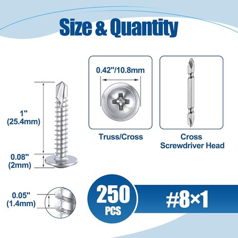 #8×1-1/4″ Sheet Metal Screws 200Pcs, 410 Stainless Steel Self Drilling Screws, Truss Head Fast Self Tapping Screws in Saudi Arabia