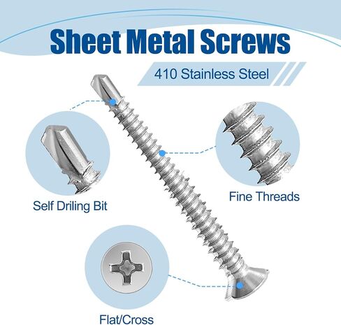 #8×1/2″ Sheet Metal Screws 400Pcs, 410 Stainless Steel Self Drilling Screws, Flat Head Phillips Fast Self Tapping Screws in Saudi Arabia