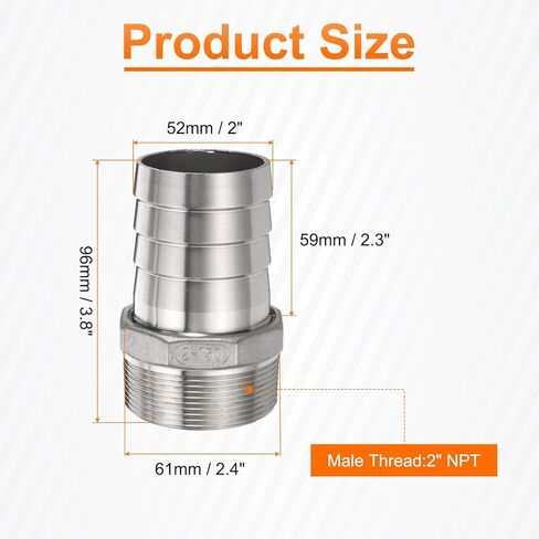 HARFINGTON Stainless Steel Hose Barb Fitting 2" (52mm) Barbed x 2" NPT Male Pipe Fitting Air Hose Barb Fittings Coupler Thread Connector Adapter for Water Fuel in Saudi Arabia