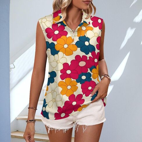 Womens Sleeveless Golf Shirt Moisture Wicking Athletic Golf Tank Top Hippie Flower Printed Polo Tennis Shirts in Kuwait