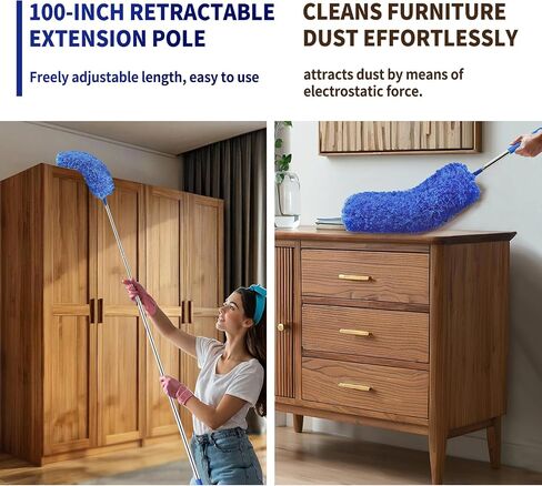 Duster Cobweb مع عمود تمديد ، مجموعة منفضة التنظيف القابلة للغسل مع 2 رؤوس منفضة ، DOCNC COBWEB ، DUST عالية السقف ، 15-100 بوصة القطب تلسكوب الألمنيوم الطويل لمروحة السقف والسقف السقف والأسقف العالية in Saudi Arabia