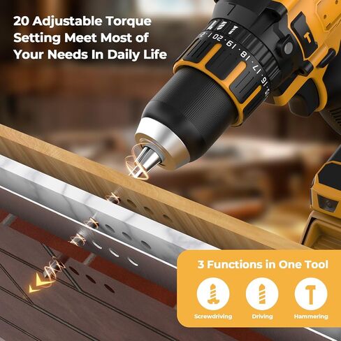 Cordless Hammer Drill Compatible with Dewalt 20V Max Battery(No Battery) Electric Drill with Brushless Motor, 1/2" Keyless Metal Chuck,4pcs Bit for Drilling Brick Wall, Metal, Wood, Screws in Saudi Arabia