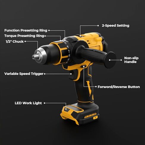 Cordless Hammer Drill Compatible with Dewalt 20V Max Battery(No Battery) Electric Drill with Brushless Motor, 1/2" Keyless Metal Chuck,4pcs Bit for Drilling Brick Wall, Metal, Wood, Screws in Saudi Arabia