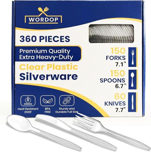 360 Count Extra Heavy Duty Plastic Silverware Set – Heat Resistant & BPA Free Disposable Silverware Cutlery 150 Forks, 150 Spoons, 60 Knives – Clear Premium Plastic Utensils for Parties & Events in Saudi Arabia