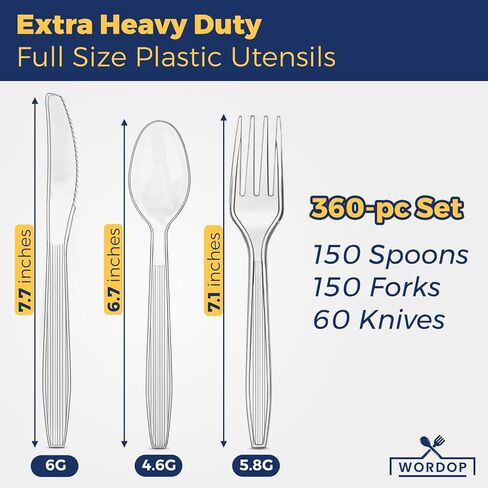 360 Count Extra Heavy Duty Plastic Silverware Set – Heat Resistant & BPA Free Disposable Silverware Cutlery 150 Forks, 150 Spoons, 60 Knives – Clear Premium Plastic Utensils for Parties & Events in Saudi Arabia