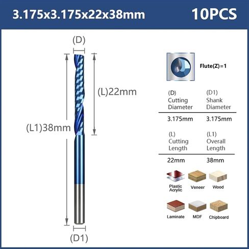 10pcs Single Flute CNC Router Bits 3.175mm Shank Spiral Milling Cutter Blue Coating Carbide End Mill CNC Milling Cutter(3.175x3.175x22mm) in Kuwait