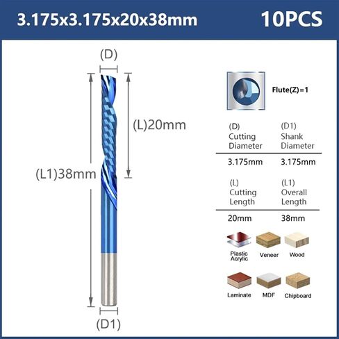 10pcs Single Flute CNC Router Bits 3.175mm Shank Spiral Milling Cutter Blue Coating Carbide End Mill CNC Milling Cutter(3.175x3.175x22mm) in Kuwait