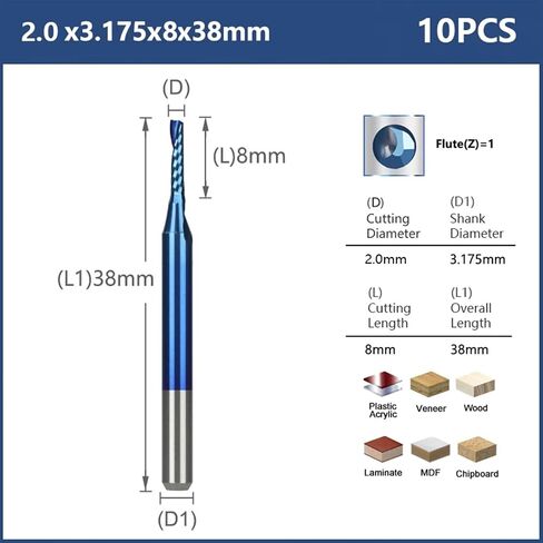 10pcs Single Flute CNC Router Bits 3.175mm Shank Spiral Milling Cutter Blue Coating Carbide End Mill CNC Milling Cutter(3.175x3.175x22mm) in Kuwait