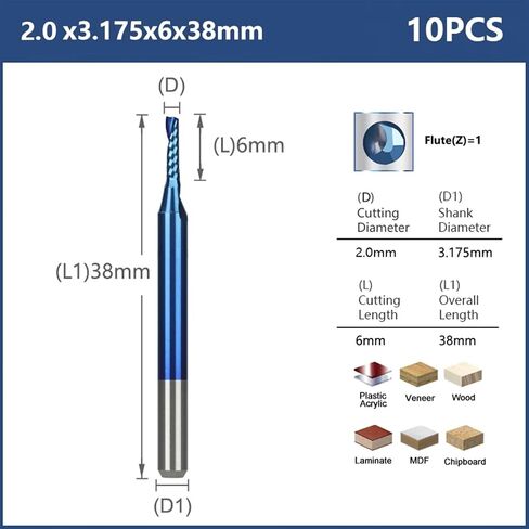 10pcs Single Flute CNC Router Bits 3.175mm Shank Spiral Milling Cutter Blue Coating Carbide End Mill CNC Milling Cutter(3.175x3.175x22mm) in Kuwait