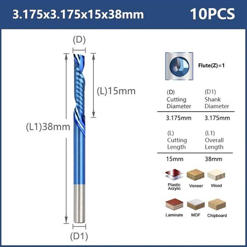 10pcs Single Flute CNC Router Bits 3.175mm Shank Spiral Milling Cutter Blue Coating Carbide End Mill CNC Milling Cutter(3.175x3.175x22mm) in Kuwait