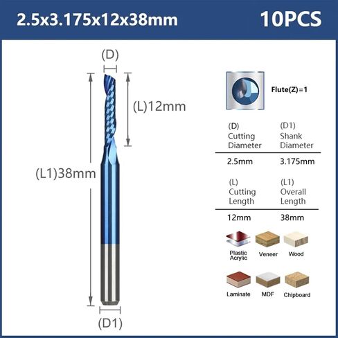 10pcs Single Flute CNC Router Bits 3.175mm Shank Spiral Milling Cutter Blue Coating Carbide End Mill CNC Milling Cutter(3.175x3.175x22mm) in Kuwait