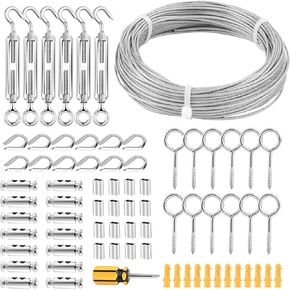 Garden Wire Turnbuckle Wire Tensioner Kit with Wire Rope Cable 100FT, 5/64" Coated 304 Stainless Steel, Cable Railing Kit/String Light Hanging Kit/Picture Wire for Decking Fence Plants