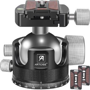 55mm Low Profile Ball Head Tripod Ball Head ARTCISE KB55 Heavy Duty Tripod Head All Metal CNC Machining with Three 1/4" Quick Release Plates for Tripod, Monopod, DSLR, Camcorder, Max Load 88lbs /40kg