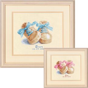 Pink and Blue Booties Birth Record Counted Cross Stitch Kit 7.75 x 6.5" (18 Pack) - Baby Registry and Baby Shower - 100% Cotton Aida Fabric - Beginners and Experts - Vervaco 2002/45.698