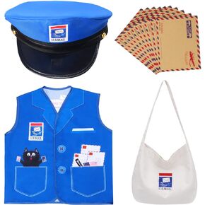 Kids Mailman Costume Mail Carrier Hat Mr. Postman Canvas Bag Vest Envelopes For Halloween Career Day Postal Costume