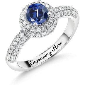 Gem Stone King 925 Sterling Silver Customized Personalized Name Engraving Round Gemstone Birthstone and White Moissanite Engagement Ring For Women