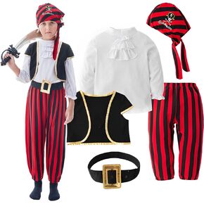 5PCS Kids Pirate Costume Boys Pirate Outfits with Hat Shirt Coat Pants Belt Accessories for Toddler Halloween