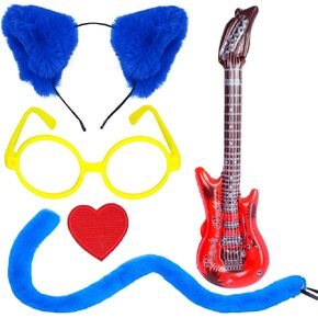 Kids Blue Cat Costume Accessory Set Cat Ear Hat Tail Gloves Glasses Button DIY Cardstock for Kitty Halloween Cosplay