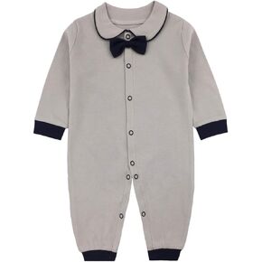 Newborn Baby Boys Girls Formal Bowtie Collar Rompers Long Sleeves Polo Suit Bodysuit Jumpsuit Overall 0-12 Months