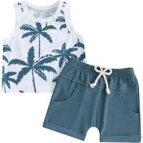 2 Pcs Baby Boys Summer Clothing Cute Mamas Boy Sleeveless Tank Tops T-Shirt+Palm Shorts Outfits Sets
