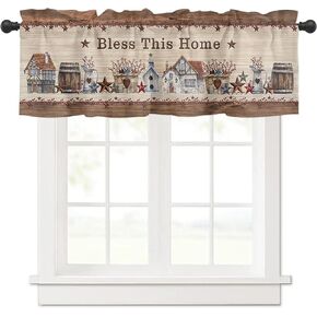 Home Window Valance Rod Pocket Short Curtain Panels,Retro Wood Board Kitchen Valances Curtains,Boxwood Wreath Flower Bow Window Treatments Drapes for Living Room Bedroom 42x12in