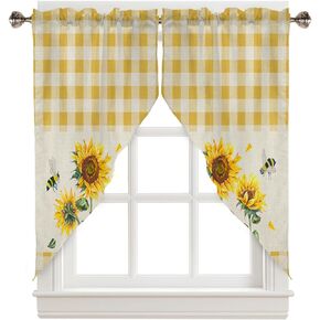 Swag Curtain Valances, Thanksgiving Pumpkin Maple Leaf Fall Daisy Flower Rod Pocket Short Window Swag Topper Curtains for Kitchen Bedroom Bathroom, 2 Panel, 36"x36"