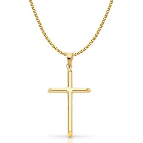 14K Yellow Gold Classic Cross Pendant with 1.7mm Flat Open Wheat Chain Necklace
